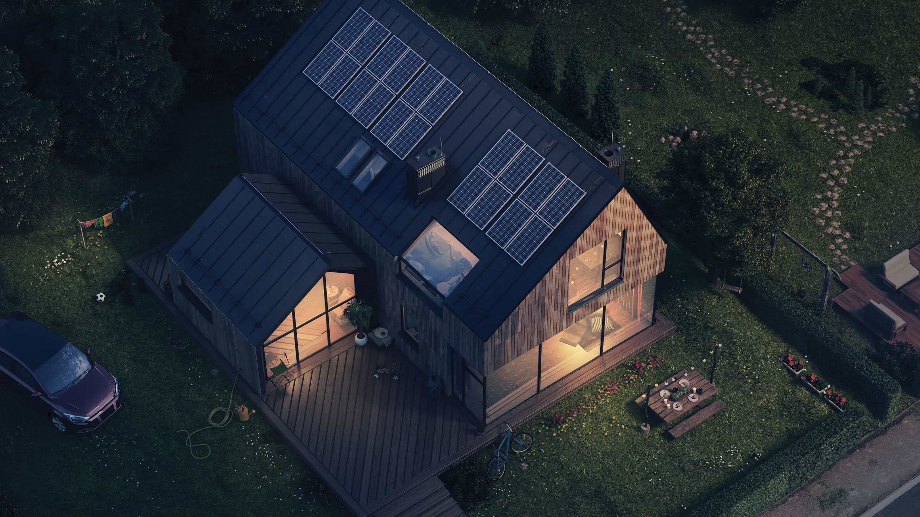 Rodinný dům se solárními panely na střeše – fotovoltaická elektrárna pro rodinný dům
